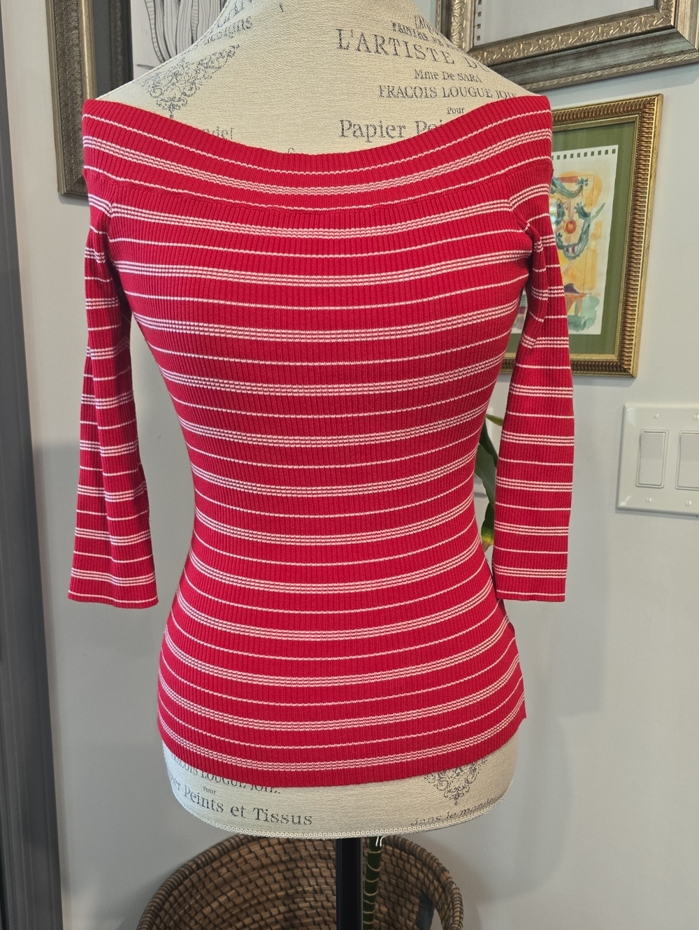 Lucy Paris Red and White Striped Off-the-Shoulder Sweater